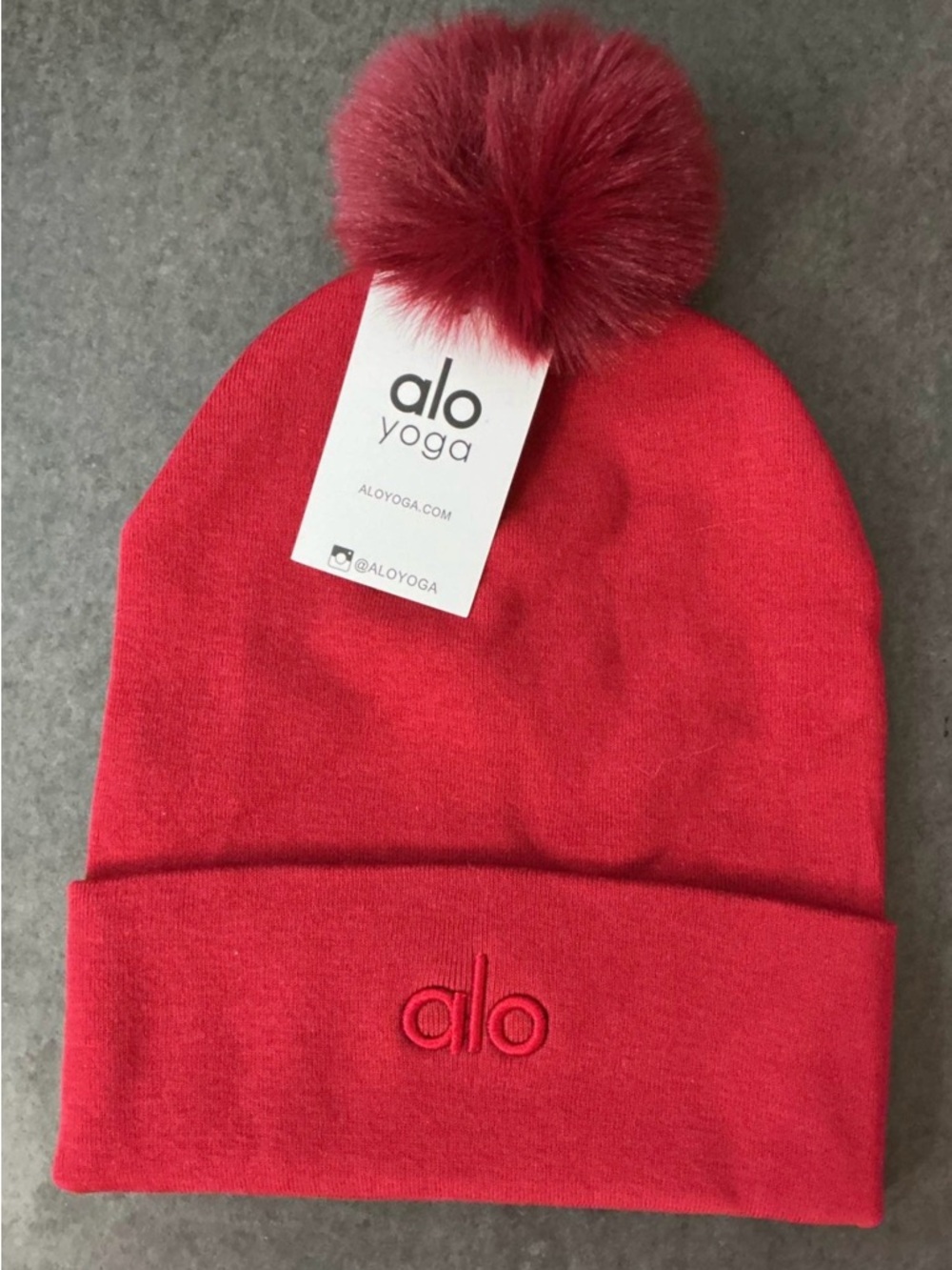 ALO Yoga Red Pom Beanie with Faux Fur Pom